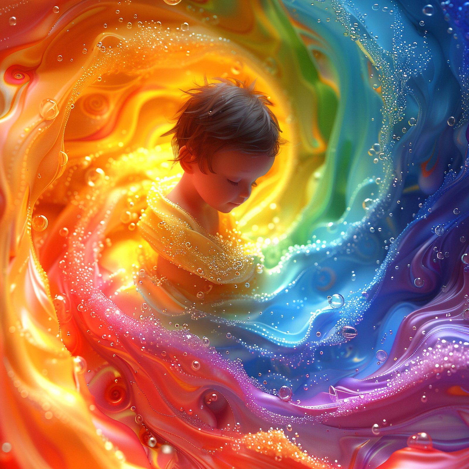 A Young child surrounded by swirling rainbow coloured clouds