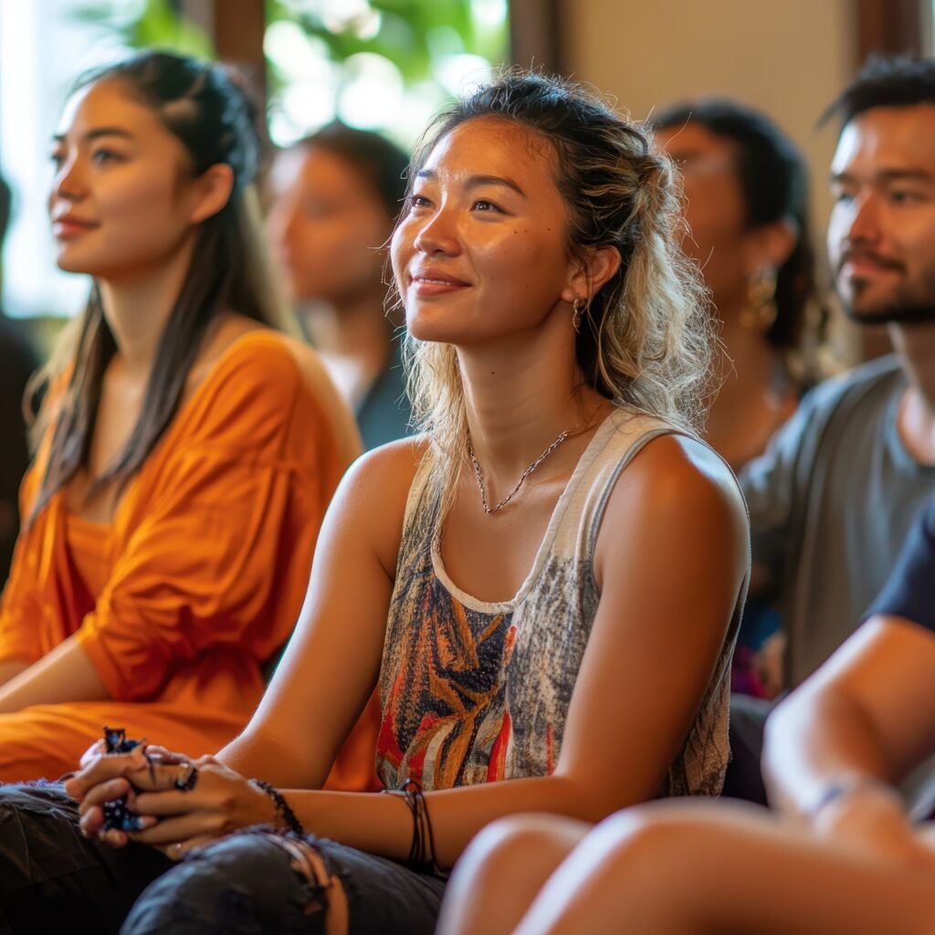 A group of people meditating.