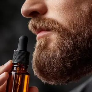 A man is carefully applying beard oil to enhance his skin and beard health,